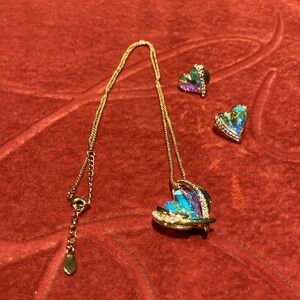 Blue crystal heart necklace and earring set